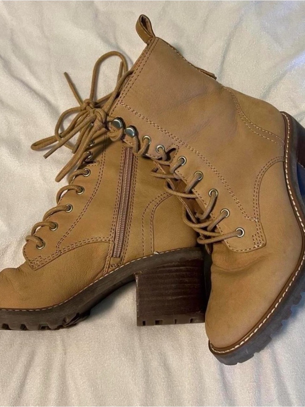 Tan Lace-Up Block Heel Ankle Boots